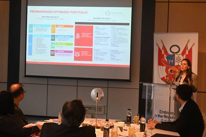 ProInversion director of project portfolios Maria Susana Morales presenting investment opportunities in Peru at the Four Seasons Hotel in central Seoul, Friday. (Sanjay Kumar/The Korea Herald)