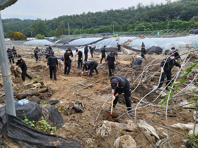 해양경찰관들이 경기도 성남시 관내 집중호우 피해 농가를 찾아 수해복구 작업을 하고 있다.[연합]