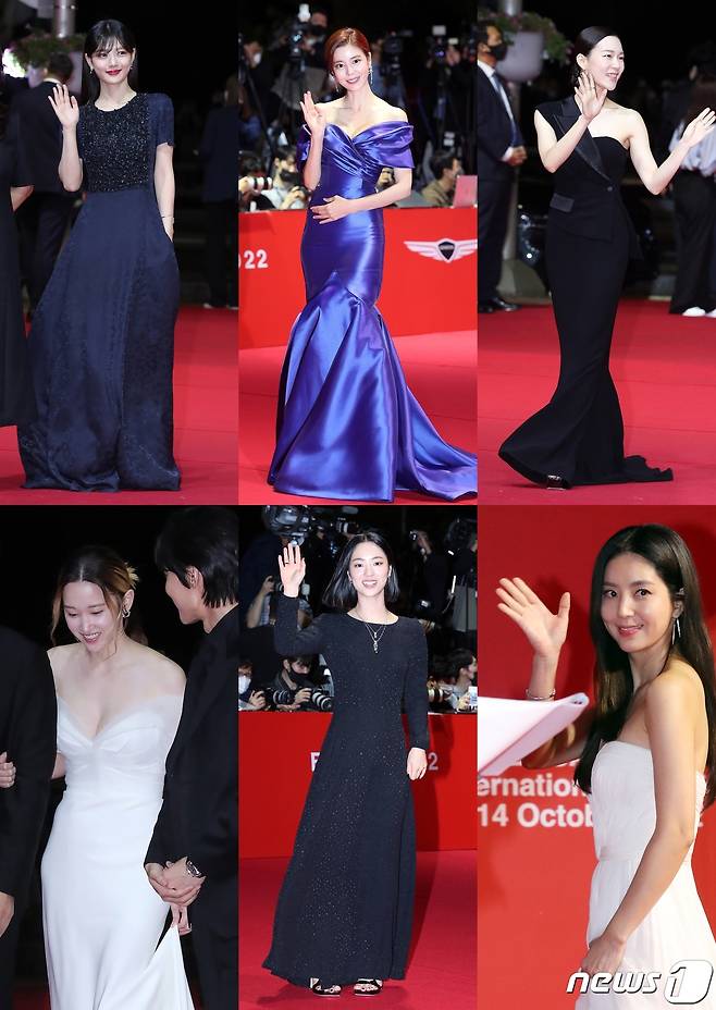 배우 김유정(왼쪽 위 시계방향), 김규리, 한예리, 한채아, 전여빈, 전종서가 5일 오후 부산광역시 우동 영화의 전당에서 열린 '제27회 부산국제영화제(BIFF)' 개막식 레드카펫 행사에 참석하고 있다. . 2022.10.5/뉴스1 ⓒ News1 김진환 기자