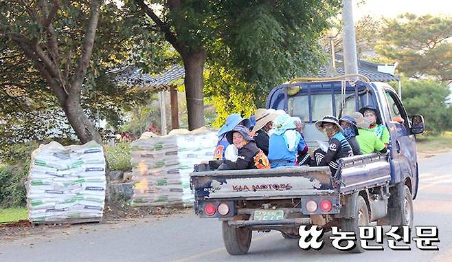 전북 고창의 한 농촌마을에서 외국인 근로자들이 농사일을 마치고 숙소로 돌아가고 있다.