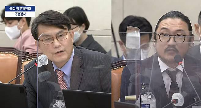 6일 정무위원회 국정감사에서 윤상현(왼쪽) 국민의힘 의원이 김지윤 DSRV 대표에게 질의하고 있다.[MBC 중계화면 캡쳐]