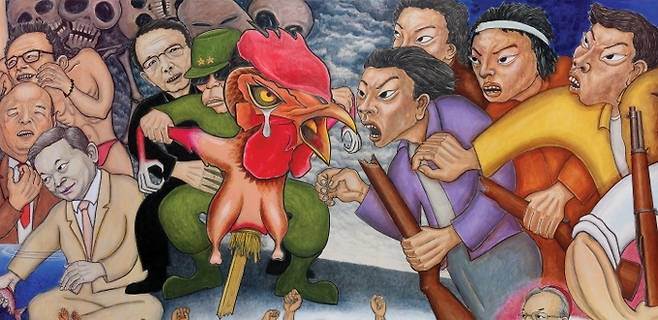 박근혜 정부 시절 박근혜 전 대통령을 허수아비로 묘사해 논란이 됐던 홍성담 화백의&nbsp;걸개그림 세월오월. 논란이 되면서 당시 이 그림 속 박 전 대통령의 얼굴이 닭으로 수정된&nbsp;바&nbsp;있다.