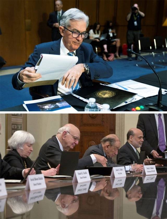 현재 금융통화 정책을 손에 쥐고 미국은 물론이고 전 세계에 막강한 경제 권력을 휘두르고 있는 제롬 파월 현 
연방준비제도(Fed·연준) 의장. 도널드 트럼프 전 대통령이 2018년 임명한 그는 유대계는 아니지만 그를 둘러싼 미국 금융통화의
 핵심에는 여전히 유대계 머니 파워가 있다(위 사진). 2013년 미 워싱턴에서 열린 연준 100주년 기념식에 참석한 재닛 옐런,
 폴 볼커, 앨런 그린스펀 전 연준 의장과 벤 버냉키 당시 의장(아래 사진 왼쪽부터). 이들 모두가 유대계다. AP 뉴시스