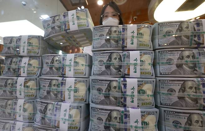 지난 7일 서울 중구 을지로 하나은행 본점 위변조대응센터에서 직원들이 달러화를 정리하는 모습. 연합뉴스