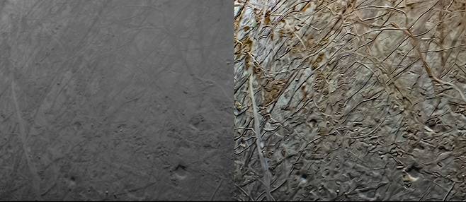 목성의 위성 유로파의 표면. 왼쪽은 주노 탐사선이 근접 촬영한 원본이고, 오른쪽은 시민과학자가 해상도를 높인 모습이다./NASA/Navaneeth Krishnan 가공