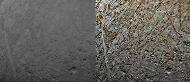 유로파 표면 원본 사진(왼쪽)과 시민과학자가 이미지 처리 작업을 한 후의 사진(오른쪽). 나사 제공
