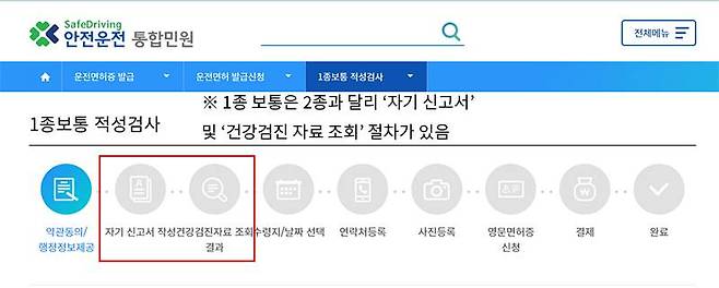 1종 보통은 2종에는 없는 자기 신고서 및 건강검진 자료 조회 절차가 있다. 2년 이내 건강검진 이력이 없다면 운전면허시험장을 직접 방문해야 한다. 출처=IT동아
