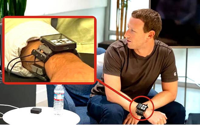 메타의 창업자 마크 저커버그가 직접 손목에 착용한 팔찌형 스마트기기 시제품. [Cnet]