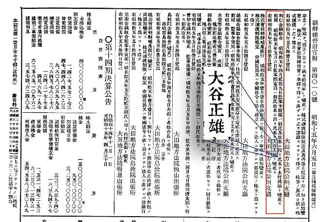 조선총독부관보 4010호 1940년 6월 6일자. 오른쪽 적색 표시안에 정인각의 창씨명이 大谷正雄(오타니 마사오)으로 기록돼 있다. 국립중앙도서관 캡처