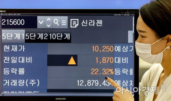 신라젠이 2년 5개월 만에 거래를 재개한 13일 서울 여의도 한국거래소 시황판에 신라젠 주가가 표시돼 있다./강진형 기자aymsdream@