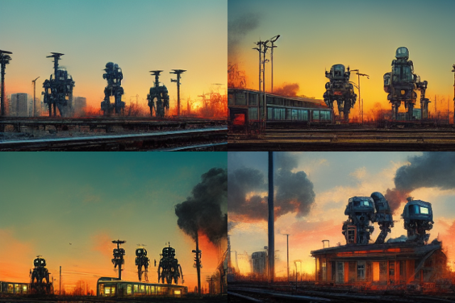 기자가 'Dead robots are standing on a train station'이라는 명령어로 제작한 이미지의 선택지들. 아래 그림도 거의 유사한 명령어를 입력했지만 이미지가 다르게 나왔다. 김민호 기자