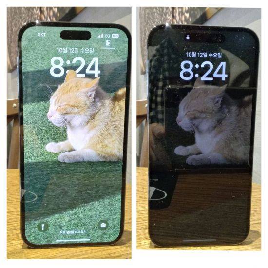 아이폰14 프로맥스 평상시 및 AOD 화면. 상대적으로 조도만 낮춘 상태로 배경화면이 그대로 유지된다.