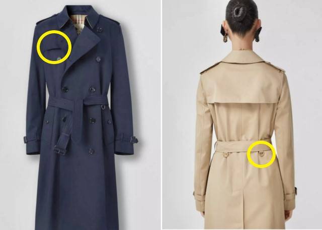 버버리 트렌치 코트는 여성용도 한쪽 가슴팍에 천을 덧댄 건 플랩(gun flap)이 달려있다(왼쪽 사진). 장총 개머리판에 원단이 마모돼 찢어지기 쉬운 부위를 두 겹으로 만들었다. 벨트 뒤에 달린 금속 재질의 D링(오른쪽 사진)은 군인들이 수류탄 등을 매달 수 있도록 고안됐다. 보다 자세한 각 명칭별 용도는 기사 본문 참조.[버버리 홈페이지]