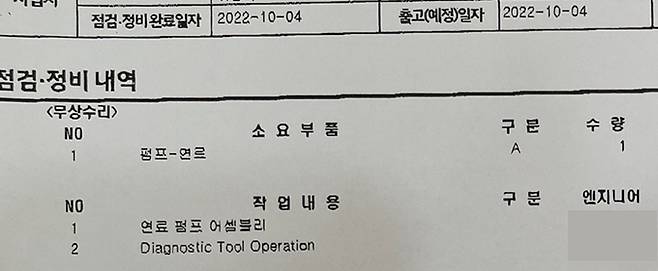 ‘더 뉴 그랜저&nbsp;IG 하이브리드(HEV)’ 모델서비스 점검 내역. 제보자 제공