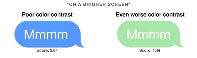 사진=동일하게 밝기를 높였을 때의 파란색 배경과 녹색 배경의 텍스트 비교.