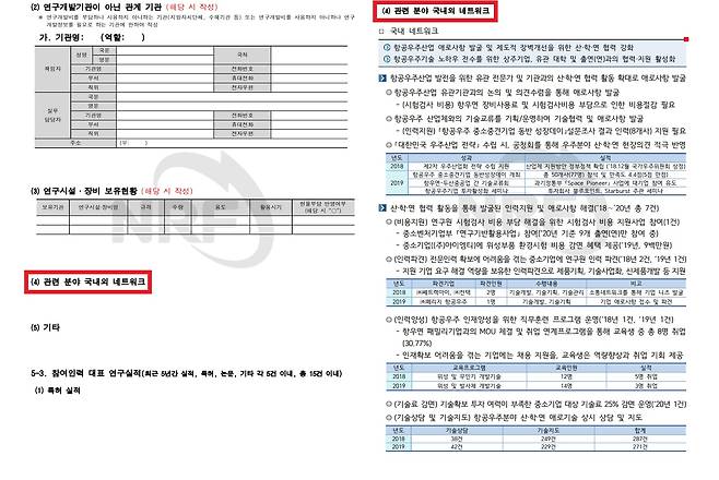 18일 권성동 국민의힘 의원이 과학기술정보방송통신위원회 국정감사에서 공개한 자료. 왼쪽은 STEPI, 오른쪽은 항우연이 과기부에 제출한 우주정책센터 유치기관 신청 서류인데, STEPI는 '관련 분야 국내외 네트워크' 항목을 완전히 비워둔 반면 항우연은 페이지를 전부 채웠다. /권성동 국민의힘 의원실 제공