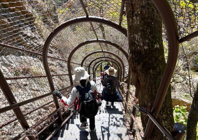 등선대에서 주전골로 내려오는 탐방로 일부 구간엔 낙석 사고를 방지하기 위해 철망으로 터널을 만들었다.