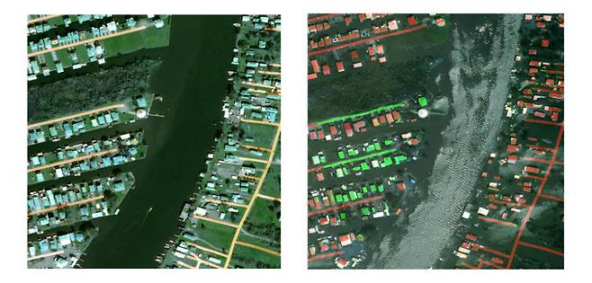 위성 영상을 활용한 인공지능 기반 홍수탐지 결과. 사진=한국항공우주연구원