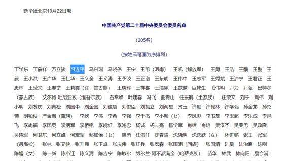 중앙위원 명단. 신화통신 캡처