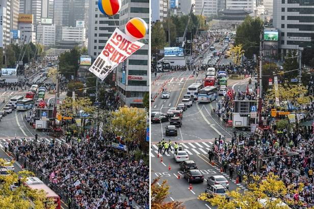 서울 도심에서 자유통일당 등 보수단체와 촛불승리전환행동을 비롯한 진보단체의 집회가 열린 22일 서울 도심에서 열린 집회 참가자들이 구호를 외치고 있다. 경찰은 이날 집회에 최대 10만명이 참가할 것으로 예상된다며 대중교통 이용과 차량 우회를 당부했다. 뉴시스