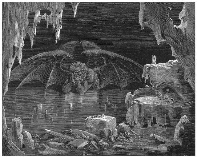 귀스타브 도레, 지옥의 마왕 루키페르에게 벌 받고 있는 영혼들(신곡 지옥편 제34곡)