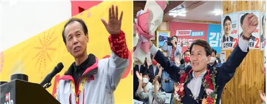 지난 3월 레고랜드 준공식에 참여한 최문순(왼쪽)전 강원도지사와 6월 지방선거 당시 제8기 민선 강원도지사 선거에 당선된 김진태 현 강원도지사 모습 . 연합뉴스.