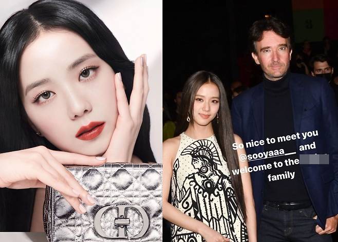 ‘디올’ 글로벌 앰버서더로 활동 중인 블랙핑크 지수(왼쪽). LVMH 회장의 장남이자 벨루티(Berluti) CEO인 앙투안 아르노 사장과 함께 있는 지수(왼쪽). [블랙핑크 지수 인스타그램] [앙투안 아르노 인스타그램]