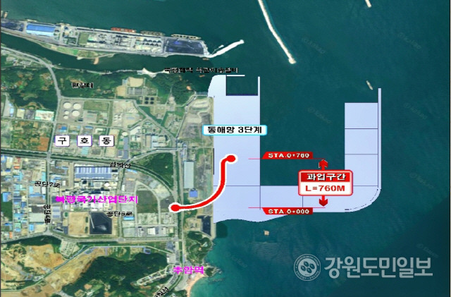 ▲ 동해신항 개발사업의 일환으로 추진되고 있는 ‘동해신항 진입도로 건설공사’가 오는 2025년 10월 완공을 목표로 24일자로 착공에 들어갔다.(사업 위치도·평면도)..