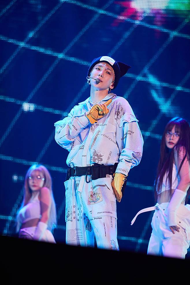 SHINee’s Key performs during his solo concert, “G.O.A.T. (Greatest Of All Time) In The Keyland,” at the Jangchung Arena in central Seoul on Saturday. (SM Entertainment)