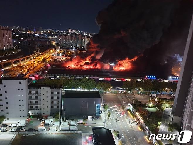 25일 오후 8시17분쯤 대구 북구 매천시장에서 원인을 알 수 없는 불이 나 소방당국이 대응 2단계를 발령하고 소방차 44대와 대원 120명을 투입해 진화 중이다. 현재까지 인명 피해는 없는 것으로 파악됐다.(대구소방안전본부 제공)