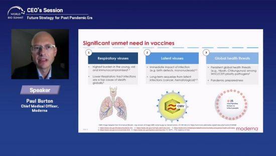 25일 오후 서울 광진구 그랜드워커힐서울에서 열린 '세계 바이오 서밋 2022'에서 열린 '포스트 팬데믹을 위한 미래 전략' 세션에서 폴 버튼 모더나 최고의료경영자(CMO)가 영상을 통해 발표를 진행하고 있다. [이미지출처=세계바이오서밋 유튜브 갈무리]