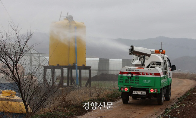 조류인플루엔자 차단을 위해 가금류 사육단지에 대한 방역 실시 장면. 경향신문 자료사진