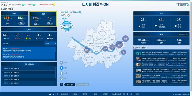 서울시가 개발한 상수도 실시간 통합 공유 플랫폼 ‘디지털 아리수 온’의 메인 화면. 취수·생산·수질·안전 등 7개 분야의 정보를 실시간으로 제공한다.서울시 제공