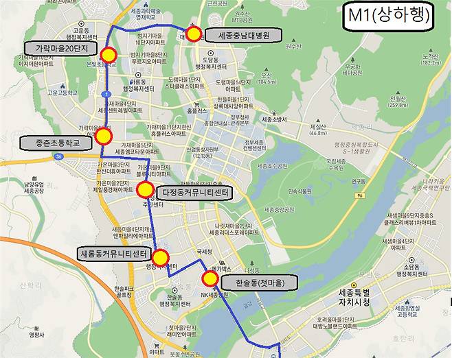 이번에 신설되는 세종∼대전 광역급행버스(M-Bus) 세종 지역 노선도. 세종시 제공