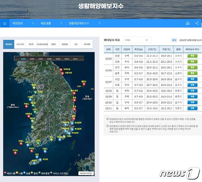 생활해양예보지수 화면.(국립해양조사원 제공)