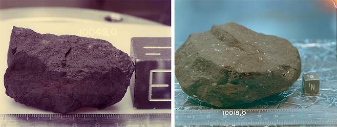 1969년 아폴로 11호 우주비행사들이 가져온 50개의 달 암석 가운데 일부. 왼쪽은 193g, 오른쪽은 213g이다. 나사 제공