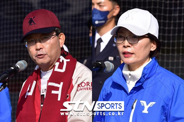 왼쪽부터 정진택 고려대 총장, 김은경 연세대 교학부총장. 사진｜STN스포츠