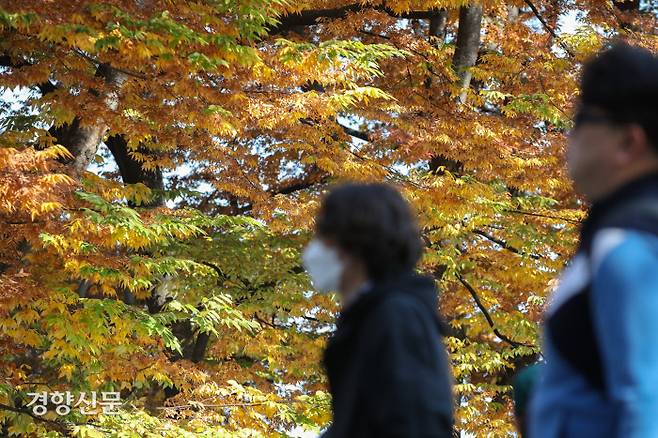 28일 서울 중구 남산에서 시민들이 붉게 물들어가는 단풍을 배경으로 깊어가는 가을을 즐기고 있다. 성동훈 기자