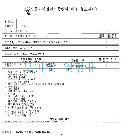 ‘주식회사 츄’ 등기사항증명서. 인터넷 등기소 제공