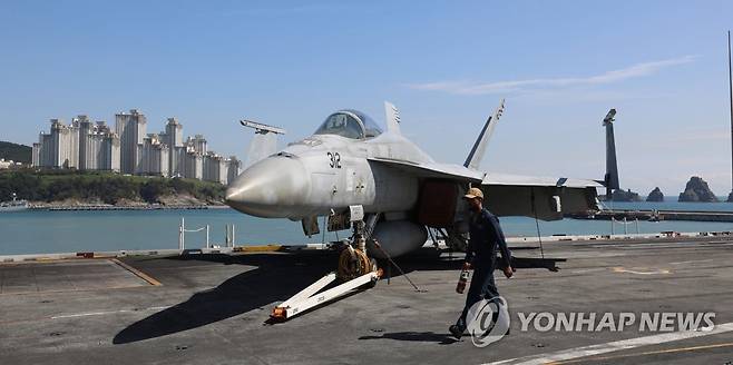 로널드 레이건함에 탑재된 EA-18 G Growler (서울=연합뉴스) 23일 부산 23일 부산 남구 해군작전사령부에 입항한 '미해군의 핵추진 항공모함 로널드 레이건함(CVN-76)' 갑판에 EA-18 G Growler가 탑재되어 있다. 2022.9.23 [사진공동취재단] photo@yna.co.kr