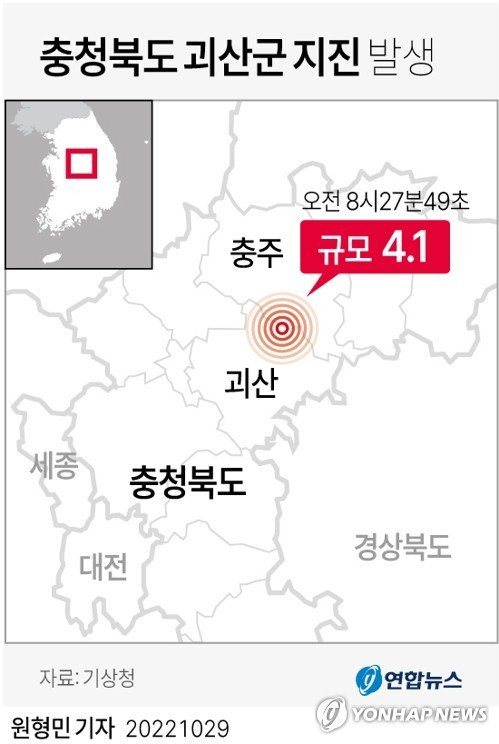 29일 오전 8시 27분 49초 충북 괴산군 북동쪽 11㎞ 지역에서 규모 4.1 지진이 발생했다고 기상청이 밝혔다. 이번 지진은 올해 한반도에서 발생한 지진 중 가장 규모가 크다.  연합뉴스