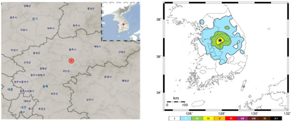 29일 괴산군에서 발생한 지진의 발생위치(왼쪽)와 진도 상세정보. [사진=기상청]