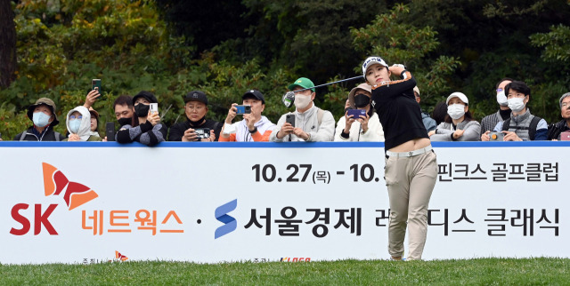 대상 포인트 1위를 달리고 있는 김수지의 드라이버 샷. 서귀포=이호재 기자