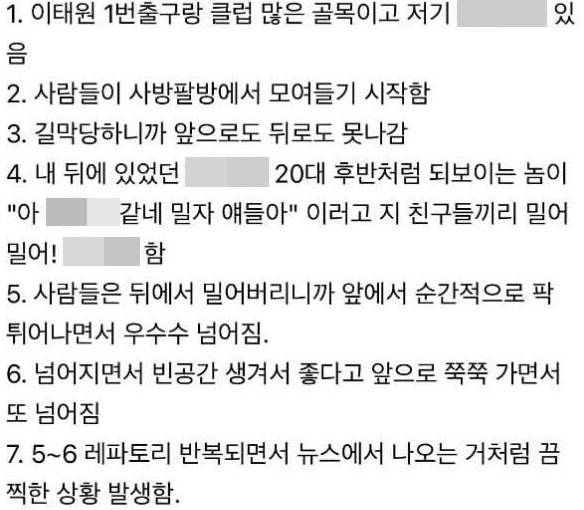이태원 압사 현장에서 생존한 한 누리꾼의 증언. (네이버 카페 갈무리)