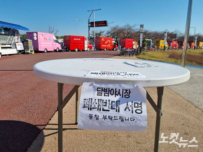 순천 달밤 야시장 상인들이 야시장 폐쇄 반대 서명을 받고 있다. 박사라 기자