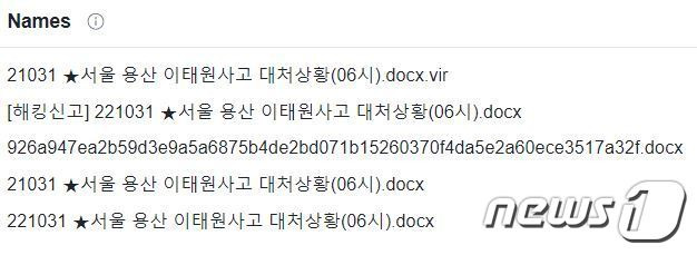 이태원 참사를 악용한 악성코드(구글 바이러스 토탈 홈페이지 갈무리)