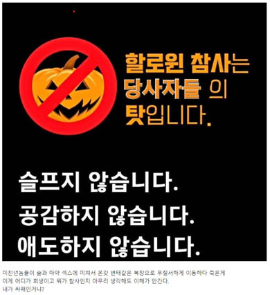 지난 10월 31일 한 온라인 커뮤니티에 ‘핼러윈 참사는 당사자들의 탓’이라는 글귀가 적힌 이미지와 함께 “미친 XX들이 술과 마약, 섹스에 미쳐 변태 같은 복장으로 무질서하게 이동하다가 죽은 게 무슨 참사인지 이해가 안 간다”는 내용의 글이 올라왔다.  온라인 커뮤니티 캡처