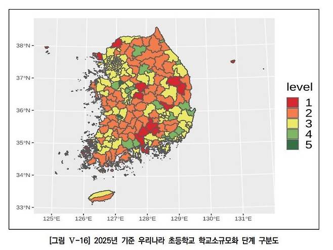 [서울=뉴시스]지난달 31일 한국교육개발원(KEDI)이 발간한 보고서 중 '2025년 기준 우리나라 초등학교 학교소규모화 단계 구분도'. 단계가 낮을수록 소규모 위험도가 높다. (자료=KEDI 제공). 2022.11.01. pho@newsis.com *재판매 및 DB 금지