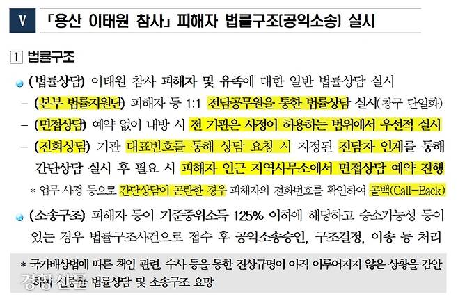 대한법률구조공단 법률지원단이 지난 1일 대한변호사협회에 보낸 ‘용산 이태원 참사 피해자 법률지원단 운영계획(안)’