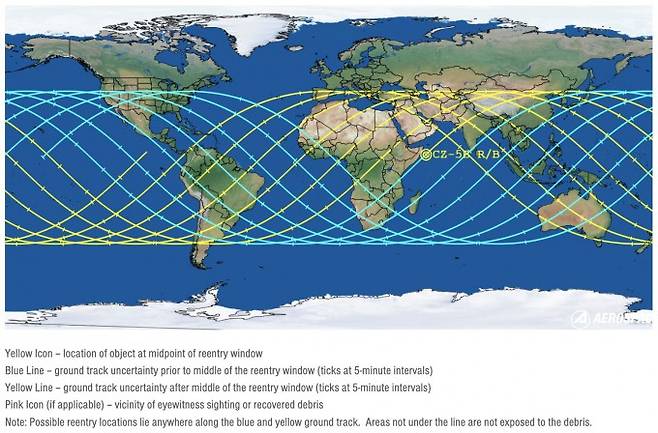 창정5B 추락 예상지역. 에어로스페이스 코퍼레이션 제공